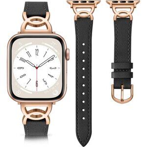 NEW Black Leather/Rose Gold Apple Watch Band